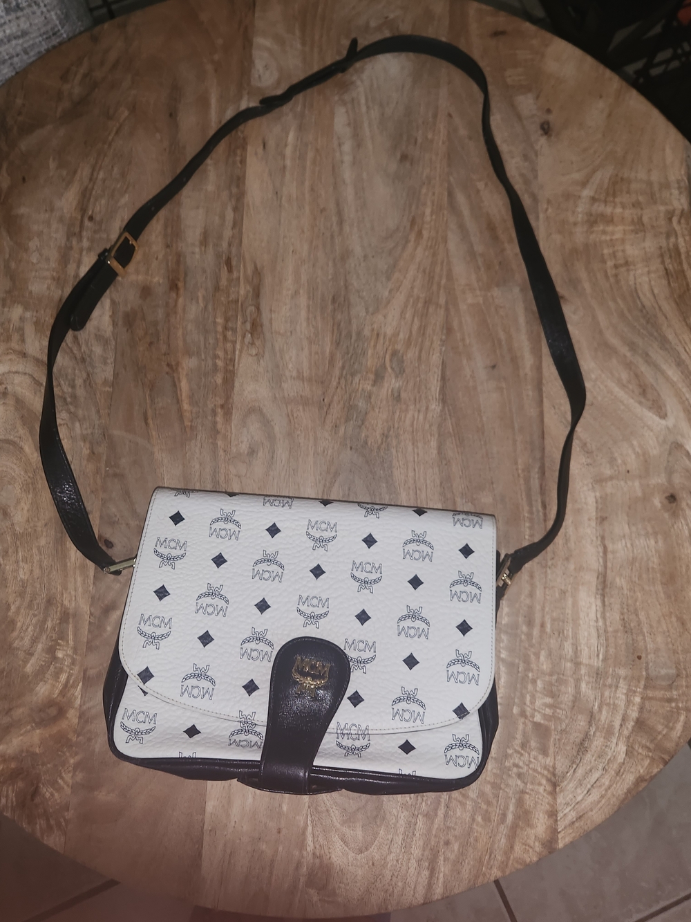 MCM White Logo Print Crossbody Bag with Black Trim